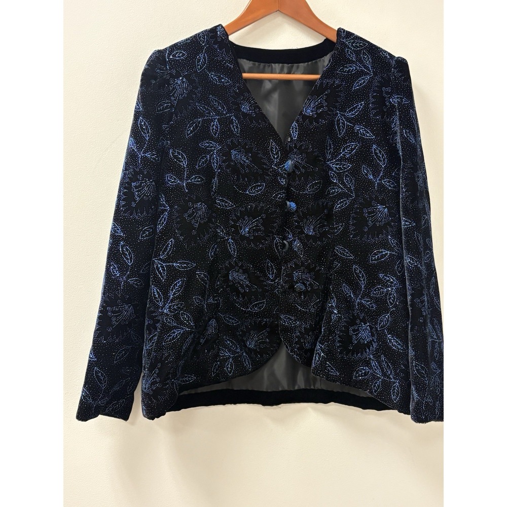 Vintage 80s Velvet Black Blue Sparkling Fancy Evening Jacket M